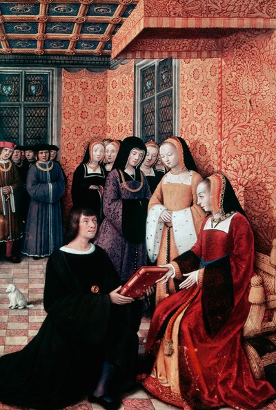 Le poète Jean Marot (1450-1526) remettant son œuvre Voyage à Gênes à Anne de Bretagne (1477-1514), vers 1508, miniature de Jean Bourdichon (1457-1521). France - Jean Bourdichon