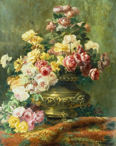 Une nature morte opulente de roses dans une urne en laiton - Jean Capeinick