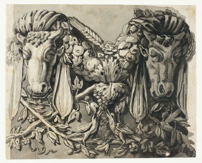 Ornement avec deux têtes de taureau (recto) ; Esquisse de bordures géométriques (verso) - Jean Charles Delafosse