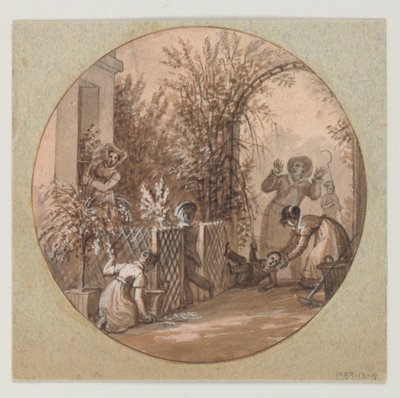 Conception pour une assiette en porcelaine peinte, scène de jardin du Service de la Culture des Fleurs - Jean Charles Develly