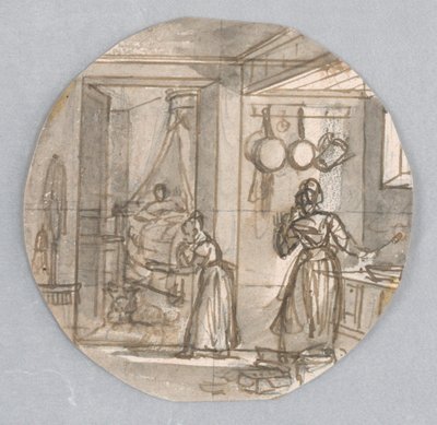 Design pour une Assiette en Porcelaine Peinte, Scène de Cuisine avec Chambre à Coucher Arrière, possiblement pour le Service des Objets de Dessert - Jean Charles Develly