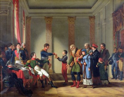 Napoléon Bonaparte (1769-1821) donnant une pension de cent napoléons au Polonais Nerecki, âgé de 117 ans, janvier 1807, 1812 - Jean Charles Tardieu