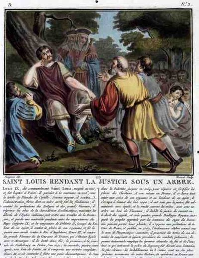 Saint Louis rend justice sous un arbre, gravé par Jean Baptiste Morret 1789 (gravure en couleur) - Jean Claude (after) Naigeon