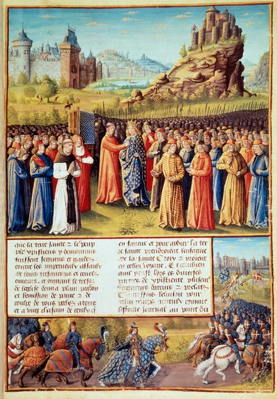 Deuxième croisade : le roi Louis VII dit le Jeune prenant la croix à Vézelay en présence de Saint Bernard de Clairvaux et de l
