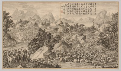 Bataille à Heshi Kuluke : des Scènes de bataille de la répression des rébellions..., vers 1765-1774, date du poème - Jean Damascene Sallusti