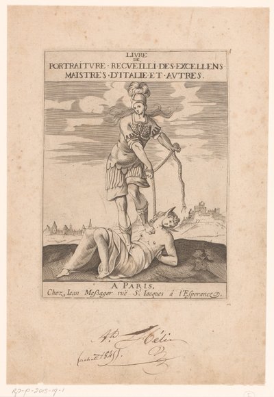 Minerve attachant la stupidité avec une corde (Page de titre pour: s.n., Livre de portraiture receuilli des excellens maistres d’Italie et autres, ca. 1627) - Jean Dubrayet