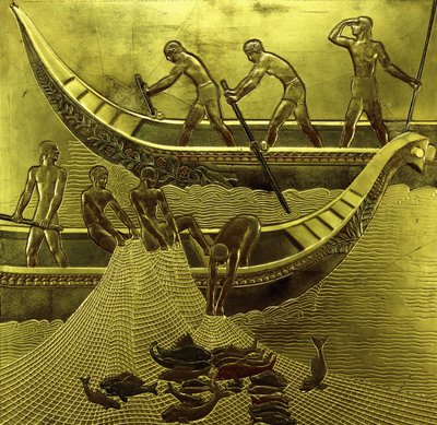 Un panneau laqué représentant des pêcheurs tirant leurs filets - Jean Dunand