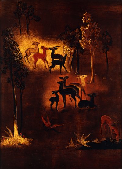 Un panneau décoré de cerfs dans un paysage boisé - Jean Dunand