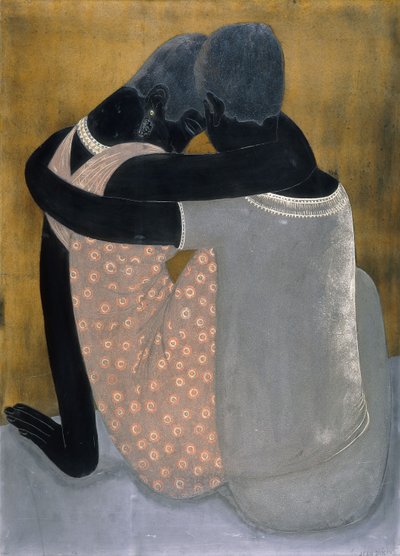 Deux dames assises, leurs bras enlacés, leurs têtes inclinées - Jean Dunand