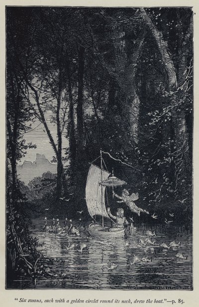 "Six cygnes, chacun avec un cercle doré autour du cou, tiraient le bateau" (gravure) - Jean Edouard Dargent