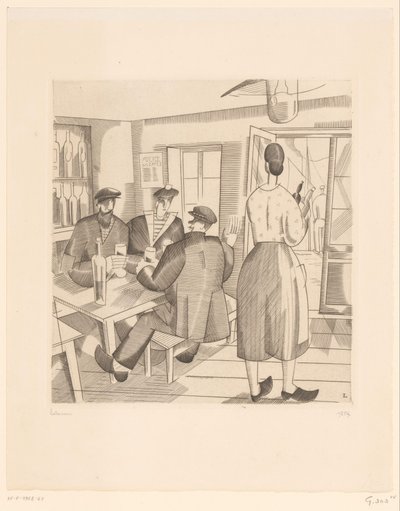 Intérieur de café avec clients et serveuse - Jean Emile Laboureur (signed by artist)