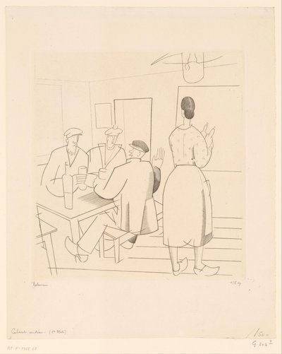 Intérieur de café avec clients et serveuse - Jean Emile Laboureur (signed by artist)