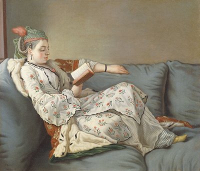 La Sultane Lisant, une dame en costume turc lisant sur un divan - Jean Étienne Liotard