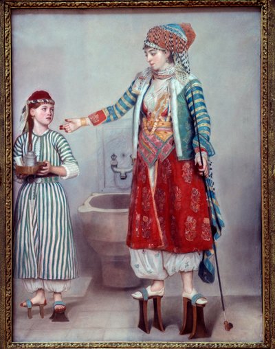 Orientalisme : Dame française vêtue à la turque et sa servante. Les deux femmes portent des plateformes en bois utilisées dans le hammam. Pastel de Jean Etienne Liotard (1702-1789) 1742 Dim. 0,71 x 0,53 m Genève, musée d