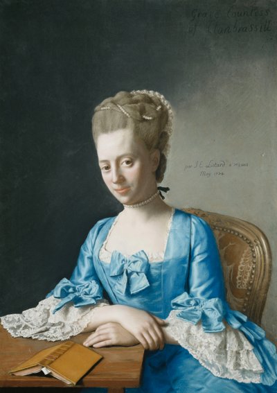 Portrait de Grace, comtesse de Clanbrassil, née Foley, mi-longueur, en robe bleue, assise à une table, les mains croisées, 1774 - Jean Étienne Liotard