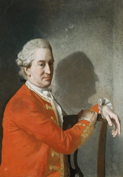Portrait de James Hamilton, 2e comte de Clanbrassil, mi-longueur, en manteau rouge, assis dans une chaise en acajou, son profil projeté en ombre sur le mur derrière, 1774 - Jean Étienne Liotard