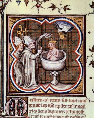 Baptême de Clovis (466-511) par Saint Remy (Saint Remi) à Reims en 496 : le Saint-Esprit apporte la sainte ampoule contenant le saint chrême utilisé pour l