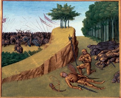 Bataille de Roncevaux (778). Roland meurt à Roncevaux. Miniature dans Grandes Chroniques de France (Folio 113) de Jean Fouquet (141.-147.) BN, Paris - Jean Fouquet