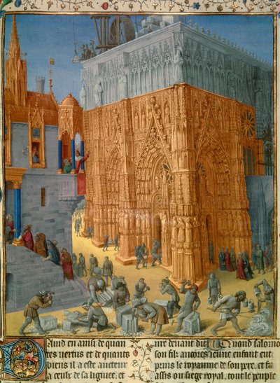 Construction du Temple de Jérusalem par le roi Salomon. Le roi assiste à la construction depuis le balcon de son palais. Miniature du manuscrit « Les Antiquités Judaïques » de Flavius Josèphe (37-100) illustrée par Jean Fouquet - Jean Fouquet