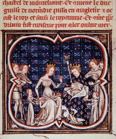 Roi de France Philippe Ier (1052-1108) avec sa femme Berthe de Hollande et leurs enfants Constance de France (1078-1125) et Louis VI (1081-1137). Miniature tirée de "Les grandes chroniques de France" (ms. fr. 2813 fol. 182) 1375-1380 Paris, B.N. - Jean Fouquet