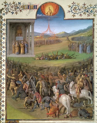 Ms Fr 247 f.70 Bataille des Hébreux contre les Cananéens et le Châtiment de Coré et des rebelles, illustration des 