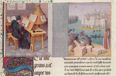 Ms.fr.273 fol.7 Tite-Live (59 av. J.-C.-17 ap. J.-C.) écrivant et la fondation de Rome, de 