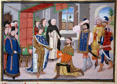 Septième Croisade: Roi de France Saint Louis (ou Louis IX) (1214-1270) à Nicosie à Chypre vers 1245. Miniature des "Grandes Chroniques" par Jean Fouquet (1420-1481). Paris, Bibliothèque de l