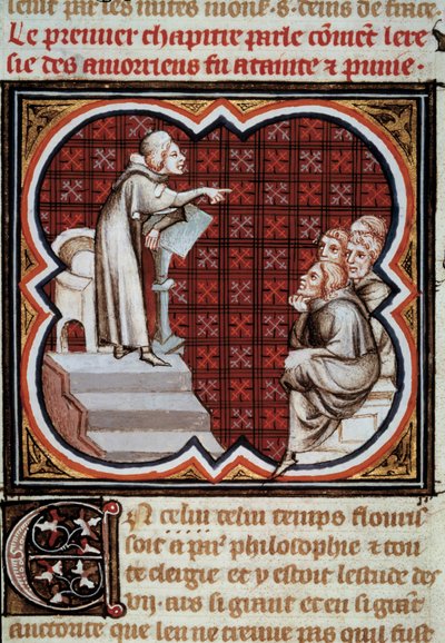 Le philosophe et théologien français Amaury de Chartres (ou Amaury de Bène ou Amalricus de Bène) (mort en 1209) devant ses disciples (les Amauriciens). Miniature des Grandes Chroniques de France enluminée par Jean Fouquet (1420-1481) - Jean Fouquet
