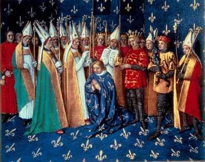 Le couronnement de Philippe Auguste à Reims le 1/11/1179. Miniature des Chroniques de Saint-Denis par Jean Fouquet (1420-1481) 15ème siècle. Paris, B.N. - Jean Fouquet