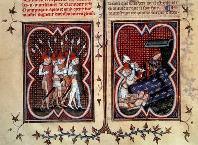 Les maréchaux Robert de Clermont et Jean de Conflans assassinés par Étienne Marcel (1315-1358) et ses hommes dans la chambre du dauphin Charles (futur Charles V) au Palais de la Cité le 22 février - Jean Fouquet