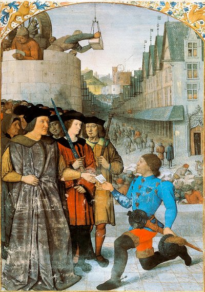 Le vicomte de Rochechouart recevant un messager royal. Miniature de Jean Fouquet (1420-1481) des "Grandes Chroniques de France". 1455-1460 - Jean Fouquet