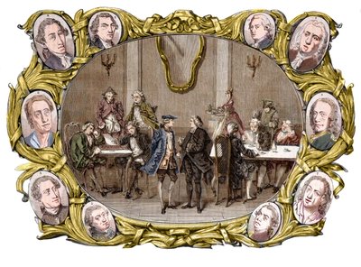 Paris - Le café « Procope » au 18e siècle de droite à gauche, dans les médaillons, Georges Louis Leclerc, comte de Buffon, Nicolas Joseph Florent Gilbert, Denis Diderot, Jean le Rond d