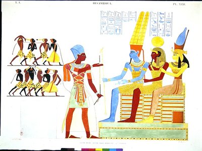Un pharaon, en costume militaire, offre un groupe de prisonniers aux dieux Amon, Khonsu et Mout - Jean Francois Champollion