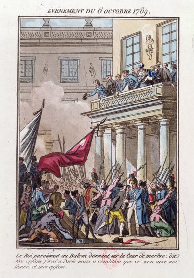 Louis XVI apparaissant sur le balcon à Versailles le 6 octobre 1789 pour dire à la foule parisienne qu