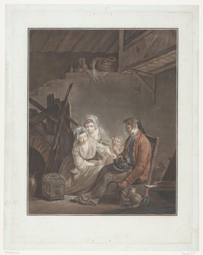 Deux femmes et un enfant avec un homme cachant un oiseau - Jean Francois Janinet