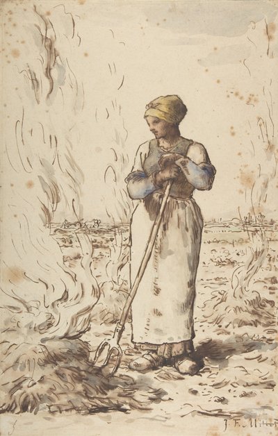 Une femme brûlant des mauvaises herbes, 1830-75 - Jean Francois Millet