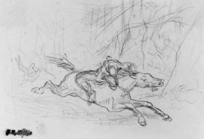 Homme de dos sur un cheval sauvage dans une forêt. Simon Butler - Jean Francois Millet