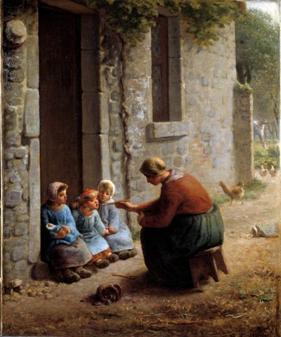 La becquée ou paysanne nourrissant ses enfants. Peinture par Jean François Millet (1814-1875) - Jean Francois Millet