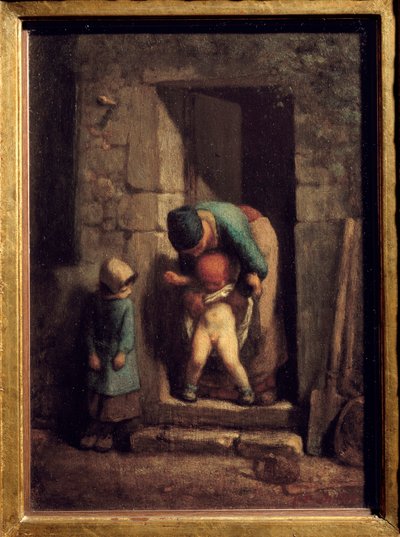 Précaution maternelle. Une mère fait uriner son fils devant une porte. Peinture de Jean-François Millet - Jean Francois Millet