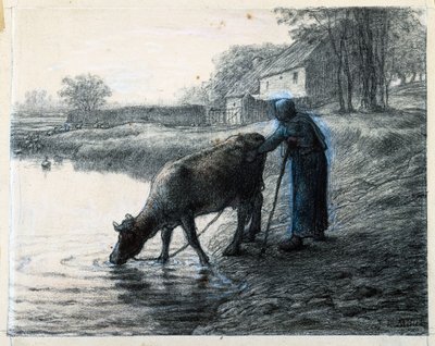 Femme menant sa vache à l