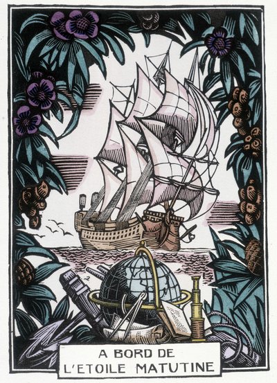 Navire en mer : Illustration du début du XXe siècle par Jean-Gabriel Daragnes pour le livre « À bord de l