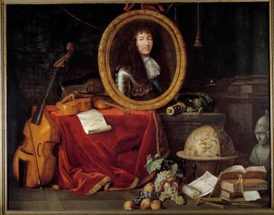 Portrait de Louis XIV roi de France (1638-1715), protecteur des arts et des sciences. Le portrait du roi est entouré d