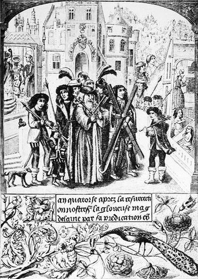 Origine fabuleuse de la Croix de Bourgogne, Étienne, un roi légendaire de Bourgogne, fait un pèlerinage à Saint-Victor de Marseille, à qui il a porté la Croix de Saint-André, par gratitude envers Sainte-Marie - Jean Georges after Huyot