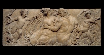 Nymphe et petit génie chevauchant un cheval marin ; Nymphe et Triton entourés de deux petits génies. Bas-relief. Sculpture en pierre par Jean Goujon (1510-1567) - Jean Goujon