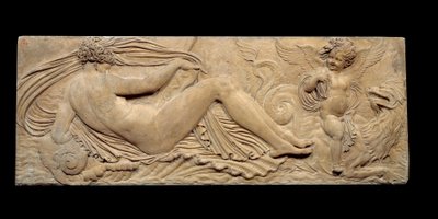 Nymphe et petit génie chevauchant un cheval marin ; Nymphe et Triton entourés de deux petits génies. Bas-relief. Sculpture en pierre par Jean Goujon (1510-1567) - Jean Goujon