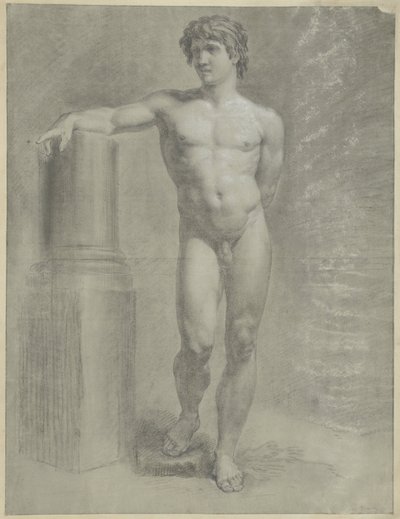 Homme nu debout, le bras droit sur une colonne brisée, de face - Jean Grandjean