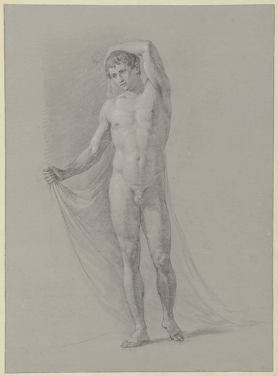 Nu masculin debout, tenant un drap derrière le dos, de face - Jean Grandjean