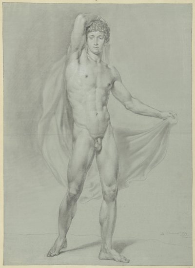 Homme nu debout, avec un drap derrière le dos, vu de face - Jean Grandjean