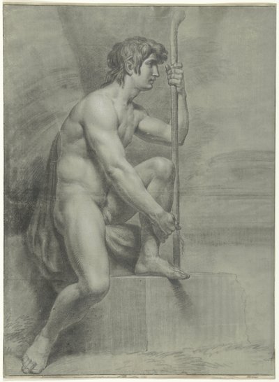 Homme nu assis avec bâton et jambe gauche levée - Jean Grandjean