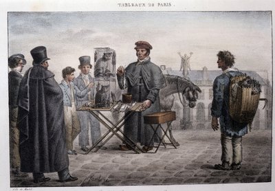Ancienne rue métier à Paris : le marchand de mort-aux-rats (camelot). Gravure par Jean Henry Marlet (1771-1847) dans « Les Tableaux de Paris », série de 72 estampes, fin 19ème siècle - Jean Henri Marlet